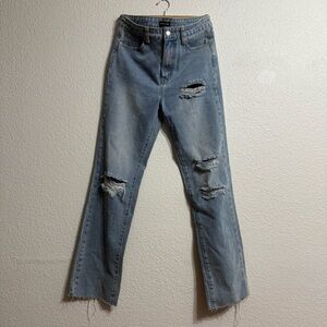 PrettyLittleThing Light Blue Distressed Straight Leg Jeans